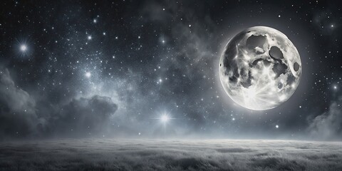 Fototapeta premium Monochrome world with moon and starry sky at night, moon, stars, night, sky, black and white, monochrome, darkness
