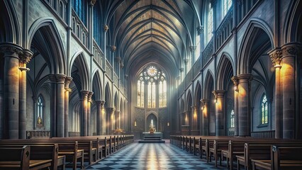 Stark cathedral interior with macabre noir , gothic, dark, sinister, spooky, eerie, haunting, architecture, religious, church