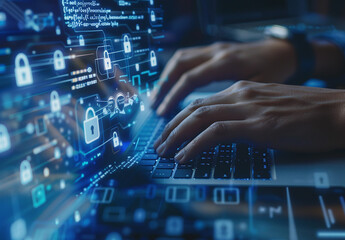 Hands Typing on Laptop with Futuristic Digital Interface and Cybersecurity Icons