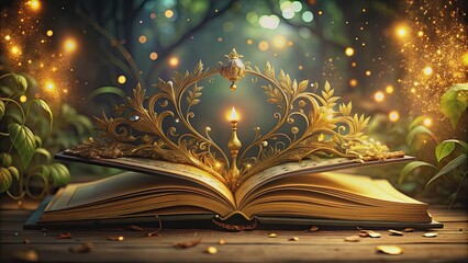 Enchanting magical story book with intricate designs and gold accents, fantasy, fairy tale, bedtime, reading