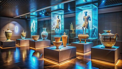 Holographic projection of ancient artifacts in interactive museum exhibit, hologram, projection, historical, artifacts