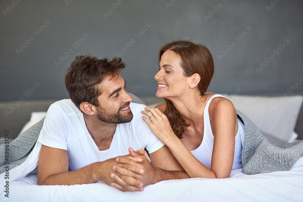 Canvas Prints Happy couple, relax or bonding on bed in morning, peace or love for marriage commitment at house. Wake up, loyalty or people with smile for romantic relationship, support and anniversary together