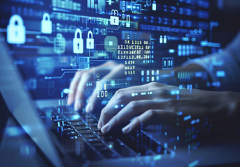 Hands Typing on Laptop with Futuristic Digital Interface and Cybersecurity Icons
