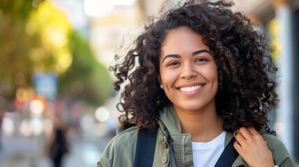 A woman smiles brightly as she walks down the street. AI.