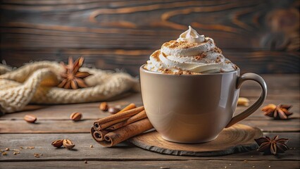 Cozy oversized mug with frothy chai latte, cinnamon, and whipped cream, cozy, oversized, mug, frothy, chai latte, cinnamon