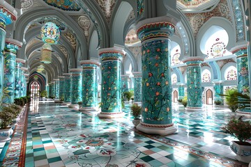 Beautiful mosque in Ramadan Kareem or Eid Al Fitr vibes. Islamic mosque architecture building