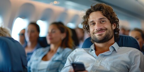 Obraz premium Handsome young man traveling by plane. AI.