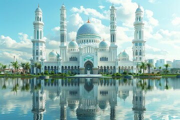 Beautiful mosque in Ramadan Kareem or Eid Al Fitr vibes. Islamic mosque architecture building