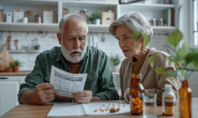 Worried senior couple reading medical bill at home. AI.