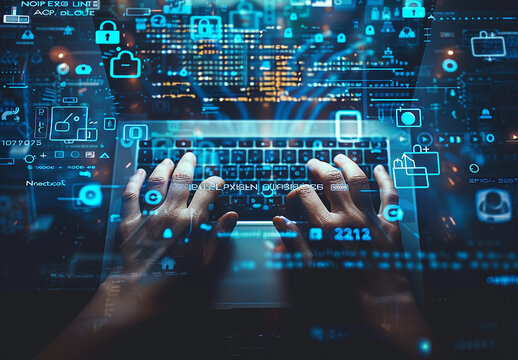 Hands Typing on Laptop with Futuristic Digital Interface and Cybersecurity Icons
