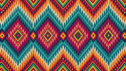 Traditional Mexican ikat seamless pattern with vibrant colored geometric prints , ikat, seamless, pattern, Mexican