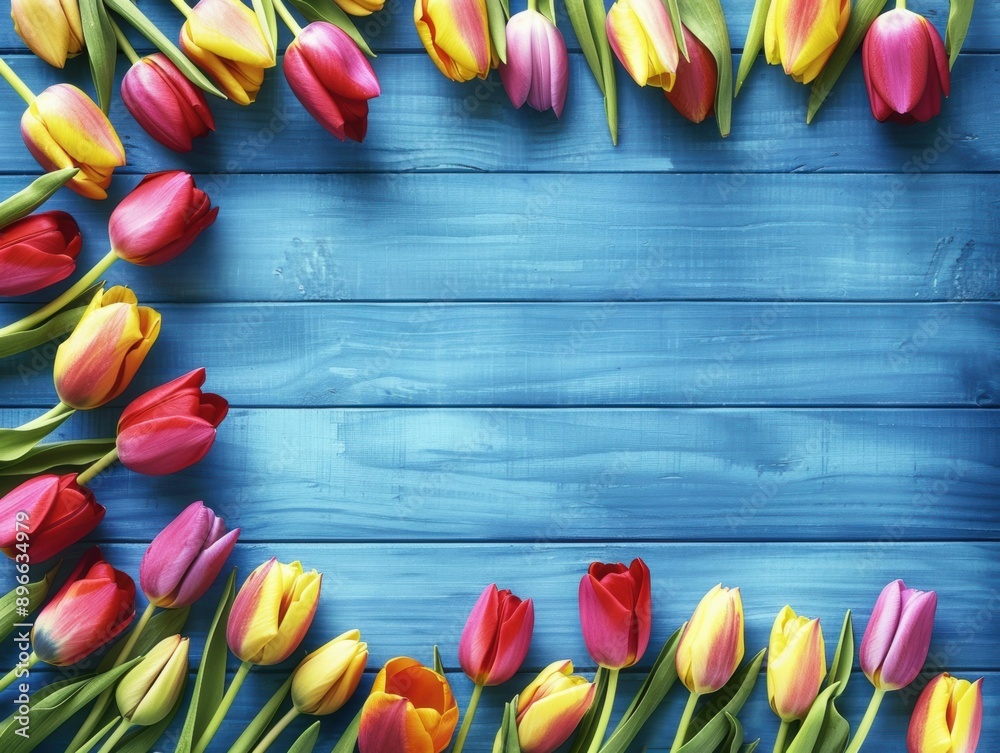 Sticker Colorful tulips arranged on a blue wooden background. AI.