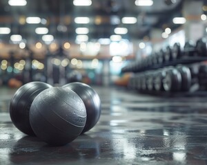 Organized Gym Equipment Fitness Accessories Neatly Arranged in a Functional Workout Space, Dumbbells, Kettlebells, Medicine Balls, and More