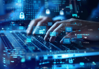 Hands Typing on Laptop with Futuristic Digital Interface and Cybersecurity Icons