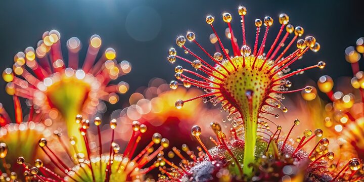 Vibrant red and yellow Sundew plant covered in small water droplets, Sundew, Drosera, plant, red, yellow, vibrant