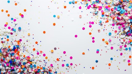 Bright confetti frame on white background viewed from top Area for text