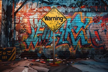 Obraz premium Abstract Warning Sign Painted Art Generative Illustration Urban Graffiti