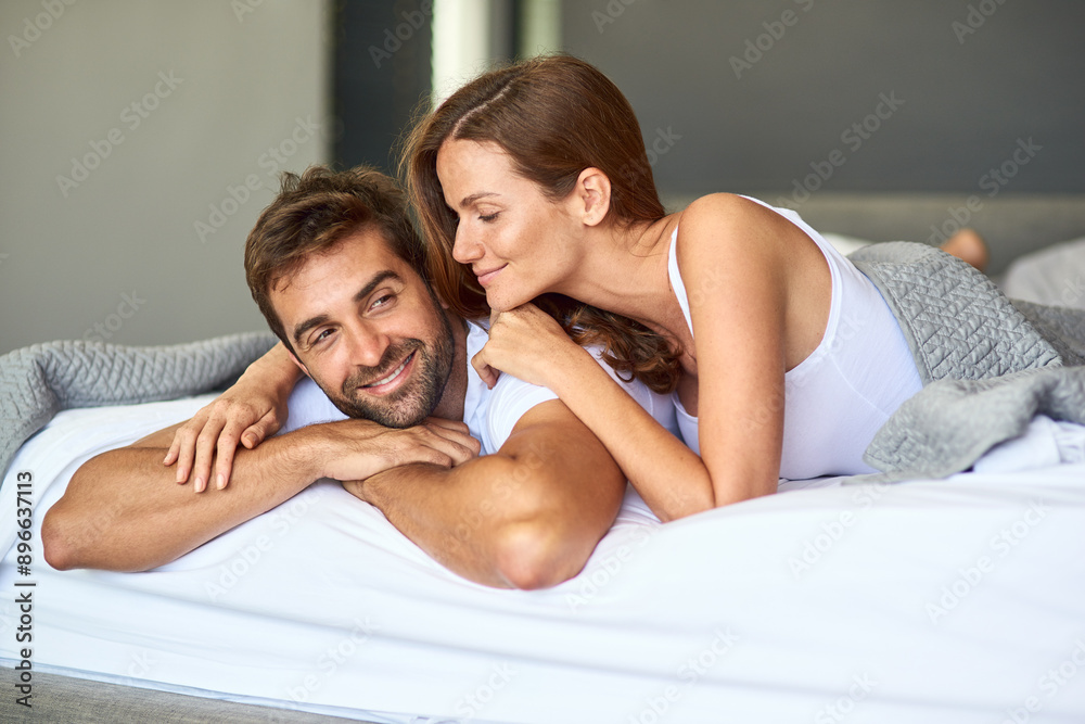 Canvas Prints Happy couple, wake up and resting in bedroom, house or support for marriage commitment in morning. Love, comfort or people bonding with smile for romantic relationship, peace or anniversary together