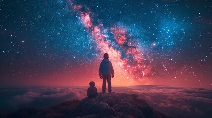 Family standing on the edge of a cliff, looking at the starry sky