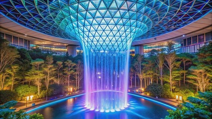 Obraz premium Waterfall display at shopping center JEWEL in Changi Airport Singapore at night with light show on water