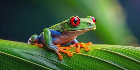 Vibrantly colored red-eyed tree frog perched on a leaf, wildlife, rainforest, amphibian, tropical, vibrant