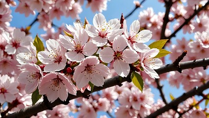 Close up of cherry blossoms in full bloom, delicate petals, soft pink color, spring season, sunlight filtering through the trees