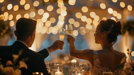 Silhouetted bride and groom raise a toast under twinkling string lights at their wedding reception