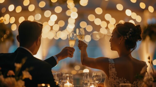 Silhouetted bride and groom raise a toast under twinkling string lights at their wedding reception