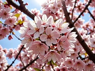 Close up of cherry blossoms in full bloom, delicate petals, soft pink color, spring season, sunlight filtering through the trees