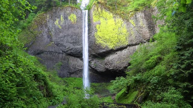 Latourell Falls in Oregon Basalt Cliff Stationary Eye-Level Shot
