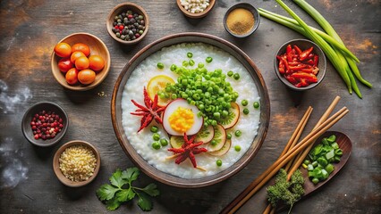 Traditional Asian congee bowl with assortment of toppings and condiments, Congee, Asian cuisine, rice porridge