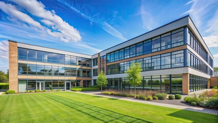 Obraz premium Modern school building with large windows and well-maintained garden under a clear blue sky, school, building