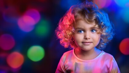 Fototapeta premium Young girl with beautiful, curly blonde hair and bright blue eyes, smiling warmly at the camera.