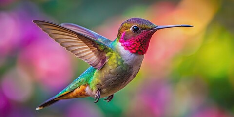 Fototapeta premium Vibrant close-up shot of a hummingbird in flight, hummingbird, bird, colorful, feathers, fast, small, nature, wildlife