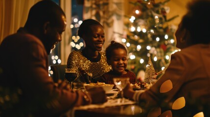 Happy family is sharing christmas dinner together at a table with festive lights