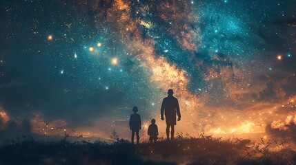 Fototapeta premium Family standing on the edge of a cliff, looking at the starry sky