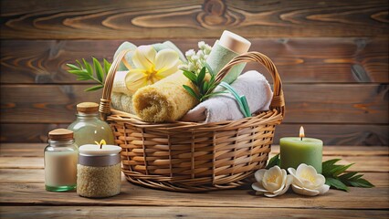 Spa gift basket filled with relaxation products , spa, gift, basket, relaxation, products, beauty, wellness, pampering