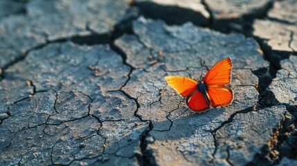 Orange butterfly perched on cracked ground with space for text