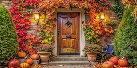 Fototapeta premium Cozy cottage door surrounded by vibrant autumn foliage, inviting guests with warm seasonal hues, cottage, door, autumn, foliage
