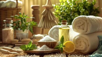 Still Life in a Spa Setting Massage Tools Towels Sea Salt and Herbs