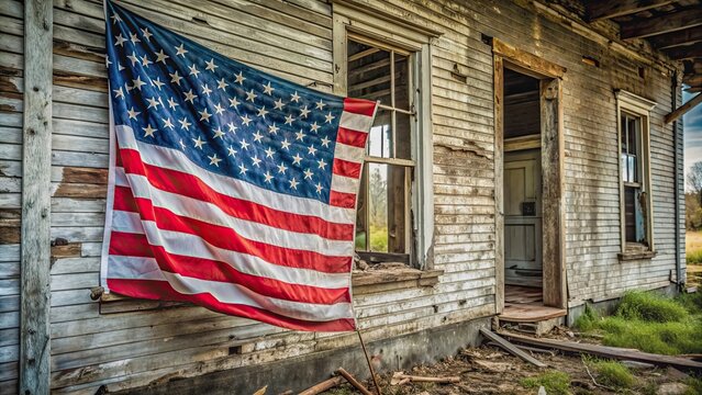 Torn American flag hanging in a broken down country house, flag, USA, America, torn, old, damaged, weathered, patriotic, country