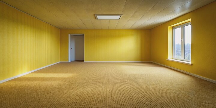 Creepy empty room in the backrooms with abstract yellow walls and carpet , horror, corridor, liminal space, atmosphere, creepy