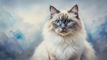 Majestic Birman cat watercolor painting in serene setting, Birman, cat, watercolor, painting, majestic, serene, setting