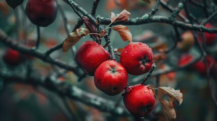 Close up of red apples on a branch of a slender apple tree with space for text