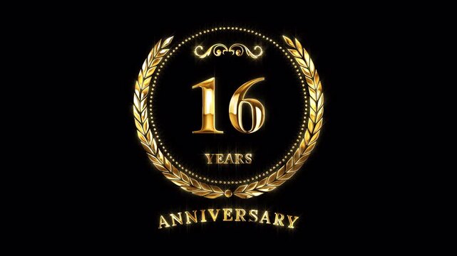 16th Anniversary Celebration. Happy 16 Years Anniversary Animation in Gold Color on the Transparent Background, Alpha Channel. Great for greetings, celebrations, events, and gifts.