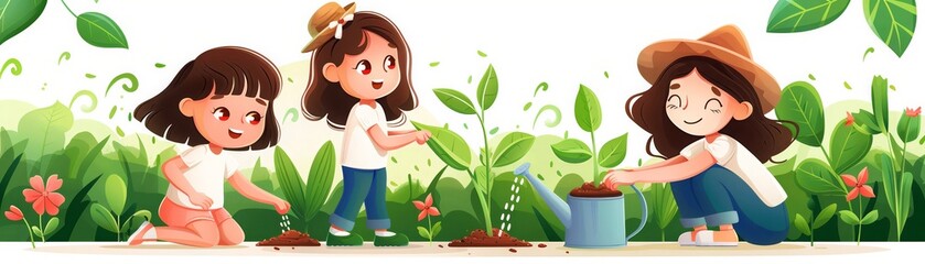 Three happy children gardening together, nurturing plants with love and care, surrounded by lush greenery and blooming flowers.