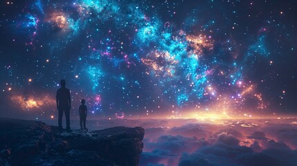 Fototapeta premium Family standing on the edge of a cliff, looking at the starry sky