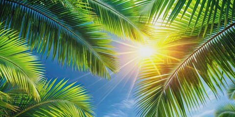 Fototapeta premium Sunlight glowing through palm tree leaves on a summer day, summer, sun, sunshine, palm tree, green, leaves, tropical, radiant