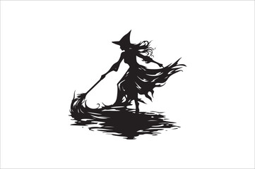 witch silhouette illustration. Halloween witch silhouette. A Silhouette of Witch with Broom.