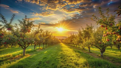 Apple orchard bathed in golden light as the sun sets over the horizon , agriculture, trees, ripe,...